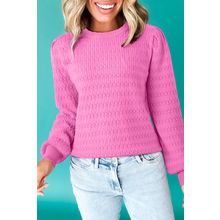 Bright Pink Trendy Pattern Knit Ribbed Cuffs Crew Neck Sweater
