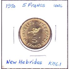 1970 New Hebrides 5 Francs Coin