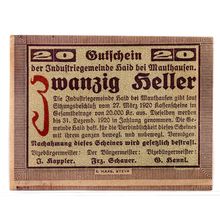 1920 Austria Mauthausen Notgeld 20 Heller Note (1441)