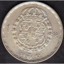1947 Sweden 1 Krona Silver Coin