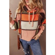 Orange Color Block Waffle Knit Drawstring Mock Neck Sweater