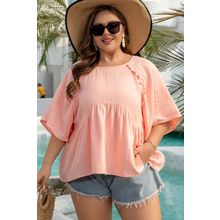 Apricot Pink Plus Size Textured Wide Short Sleeve Babydoll Blouse
