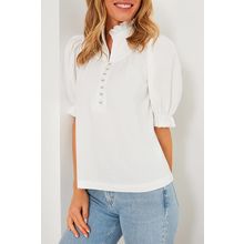 White Frilled Edge Half Button Stand Neck Bubble Sleeve Blouse