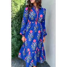 Blue Floral Print Striped Trim Split Neck Long Sleeve Ruffle Hem Midi Dress