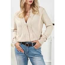 Apricot Lace Trim Ribbed Round Neck Button Up Cardigan