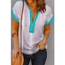 Pink Stripe Contrast Trim Half Zip Short Sleeve Top