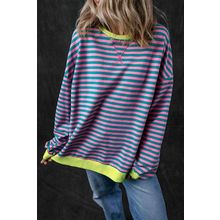 Green Stripe Oversized Contrast Trim Pullover Sweatshirt