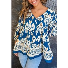 Blue Tribal Geometric Print 3/4 Sleeve Flowy Fit Blouse