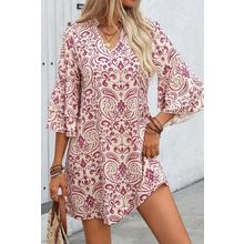 Pink Paisley Print Tiered 3/4 Sleeve Notched Neck Mini Dress
