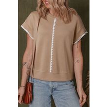 Straw Yellow Ric Rac Color Contrast Ribbed Edge Crewneck T Shirt