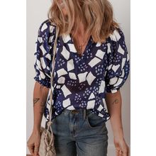 Blue Abstract Print Frilled Puff Sleeve V Neck Blouse