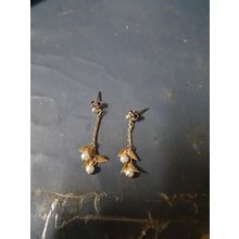 womens gold tone dainty pearl & leaves hanging earrings