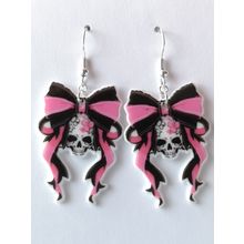 Skull With Pink And Black Bow Silver Plated Hook Earrings Goth/Halloween/Horror