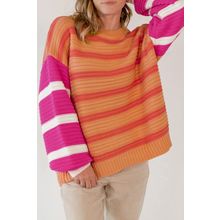 Orange Stripe Colorblock Crew Neck Drop Shoulder Loose Sweater
