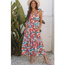 Red Boho Floral Ruffled Strap V Neck Maxi Dress