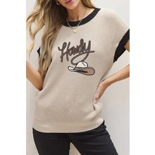 Light French Beige Howdy Cowboy Hat Embroidered Short Sleeve Sweater