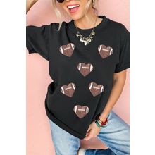 Black Rugby Football Sequin Heart Patched Graphic Tee
