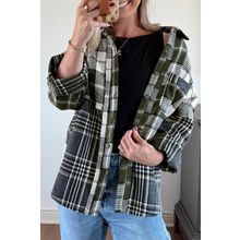 Black Plaid Print Textured Knit Buttoned Shacket