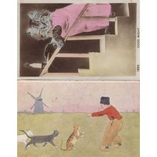 Cats Fed Kippers Grandma Cat On Stairs 2x Old Postcard s