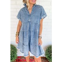 Sky Blue Acid Wash V Neck Tiered Denim Dress