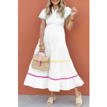 White Colorblock Rickrack Trim Short Sleeve Drawstring Waist Long Dress