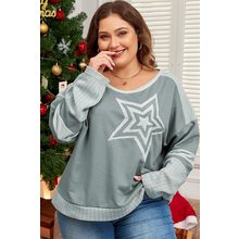 Mist Green Stars Patchwork Round Neck Plus Size T Shirt