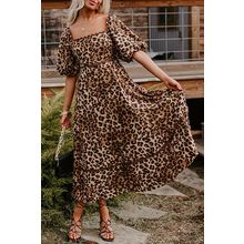 Brown Leopard Print Bubble Sleeve Square Neck Maxi Dress