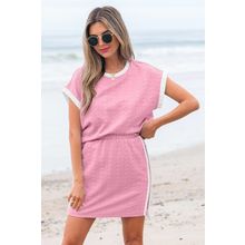 Pink Contrast Trim Textured Crewneck Tee and Pocketed Skirt Set