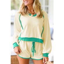 White Contrast Trim Colorblock Long Sleeve Pullover and Drawstring Shorts 2pcs O
