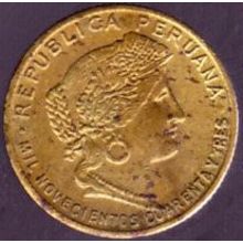 1943 S Peru 5 Centavos Coin - note date is spelled