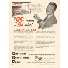 NATIONAL PETROLEUM NEWS 1956 TBA tires oil products media vintage ad