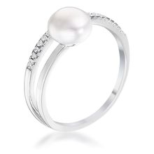15Ct Rhodium Plated Freshwater Pearl Ring With CZ Micro Pave Band
