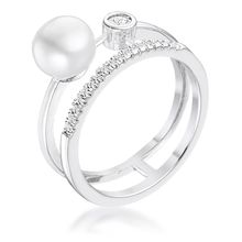 15Ct Rhodium Plated CZ and Freshwater Pearl Contemporary Double Band Ring