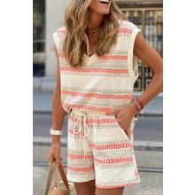 Beige Western Striped Print Casual Tank 2pcs Outfit