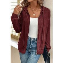 Red Dahlia Ribbed Zip Up Front Drawstring Hoodie