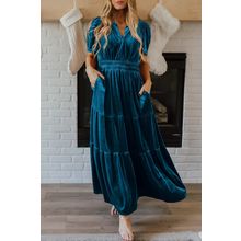 Prussian Blue Velvet Short Sleeve Shirred Waist Tiered Maxi Dress