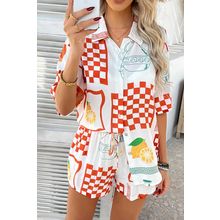 Orange Vacation Printed Loose Shirt and Drawstring Shorts Set