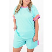 Light Blue Plus Size Color Block Corded Knit Tee and Shorts Set