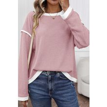 Light Pink Contrast Color Trim Knit Drop Shoulder Loose Top