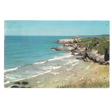 LUSTY GLAZE and TREVELGUE HEAD, NEWQUAY vintage used postcard 1974 postmark =