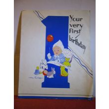 YOUR VERY FIRST BIRTHDAY, VINTAGE paper BIRTHDAY GREETINGS CARD by M Tunbridge #