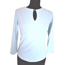 River Island Velour Baby Blue Top Blouse 3/4 Sleeve Keyhole 12 UK