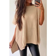 Apricot Short Sleeve Side Slit Oversized Sweater