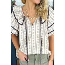 White Floral Ruffled Collar Short Puff Sleeve Printed Blouse