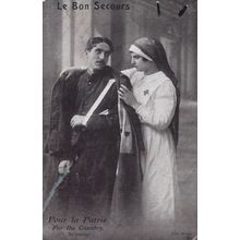 Injured French Army Soldier In Sling With Red Cross Nurse WW1 Postcard