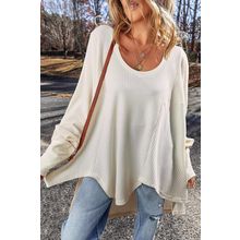 White Waffle Knit Exposed Seam V Neck Oversized Top