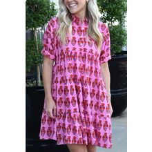 Sachet Pink Floral Print Multi Buttons Collared Short Sleeve Flowy Dress