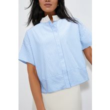 Sky Blue Stripe Contrast Collar Patchwork Hidden Button Short Sleeve Summer Shir