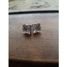womens girls square pierced silver tone with white stone earrings