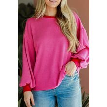 Bright Pink Corded Contrast Edge Drop Shoulder Long Sleeve Top
